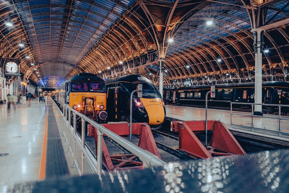Inside a spacious train station with a high, arched metal and glass roof illuminated by numerous bright overhead lights, there are multiple trains lined up along the platform. In the foreground, a modern, black and yellow passenger train is stationed, featuring a streamlined design with a smooth, shiny exterior and large front windows. Adjacent to it, additional trains with dark exteriors are visible on the other tracks, some partially obscured by safety barriers painted in red. The platform is wide, with a tiled floor reflecting ambient light, and is lined with vintage-style lampposts and a large clock mounted on a decorative column on the left side. The station appears well-maintained, with a blend of historic architecture and contemporary elements, and is primarily used for passenger travel, with no visible rubbish or waste related elements present. The scene captures a quiet moment in a busy, functional rail interchange, reflecting a setting where individual or company-organized transport services are common, aligned with alternatives to public rubbish disposal and waste management.